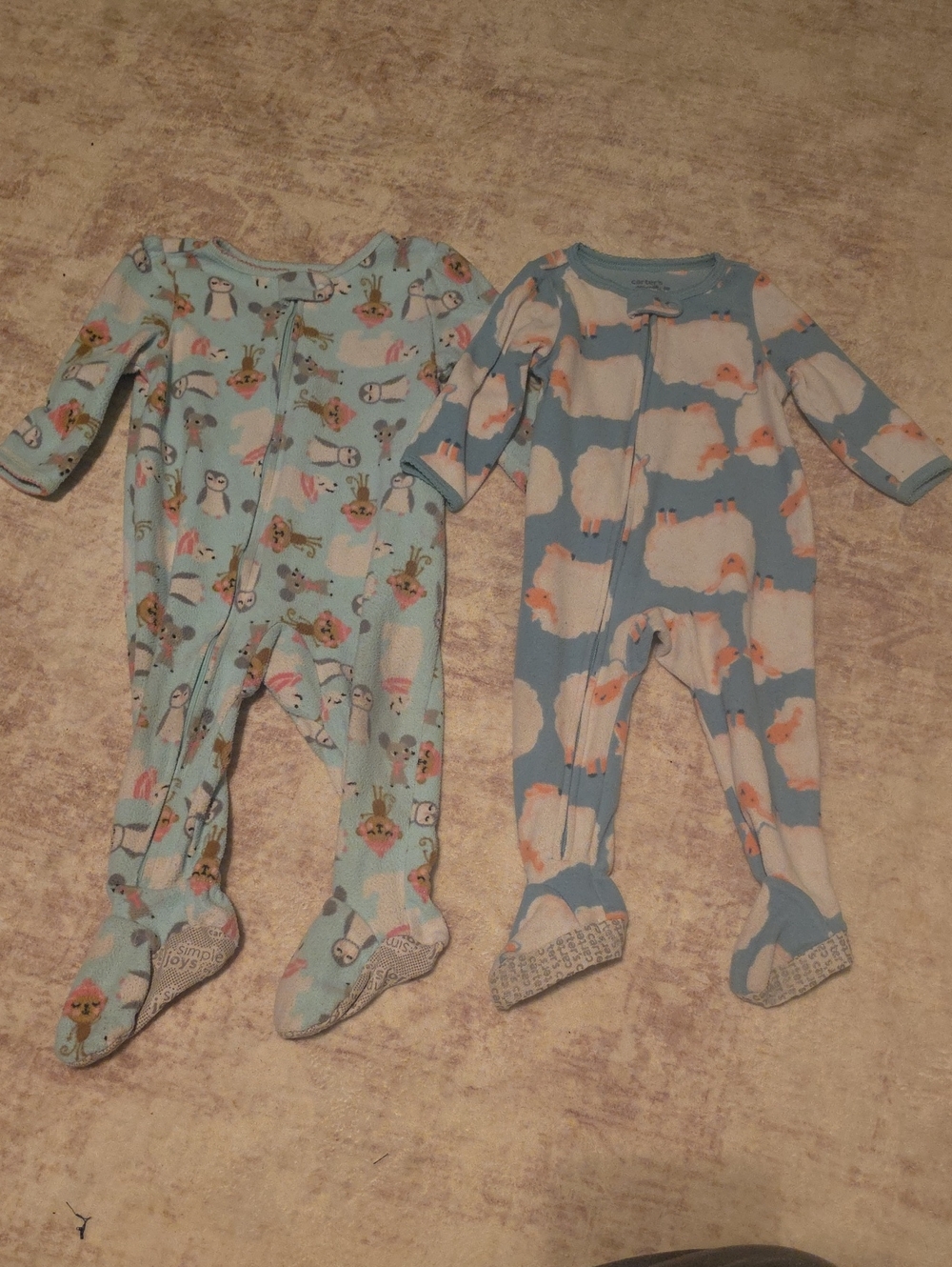Blue Baby Footed One-Piece Pajamas with Sheep and Penguin Prints
